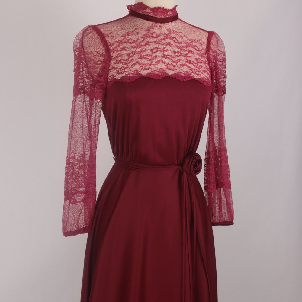 ❄️ Vintage Red Burgundy Wine Long Lace Dress Gown Maxi Gothic Prairie Victorian